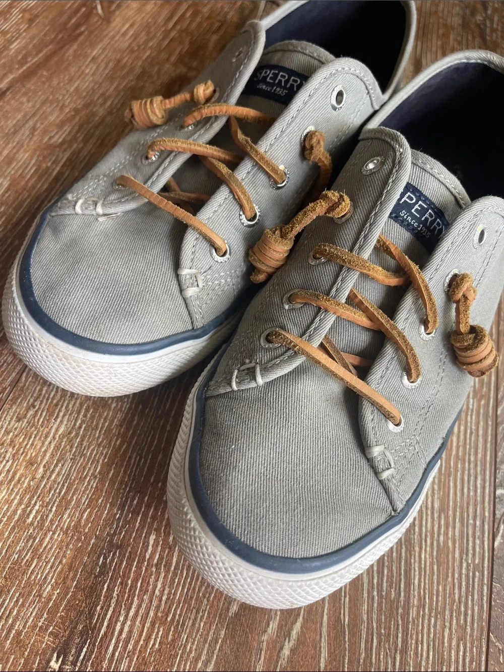 Sperry Light Gray Canvas Boat Shoes with Tan Laces